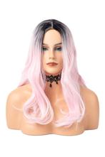 Luxe Lange Roze Zwarte Pruik Curtain Bangs Pony Haarwerk Kru, Ophalen of Verzenden, Nieuw
