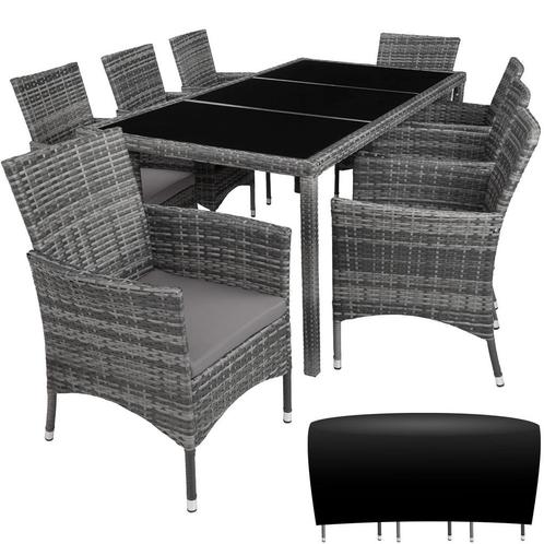 tectake Wicker zitgroep 8+1 met beschermhoes - grijsgevlekt/, Tuin en Terras, Tuinsets en Loungesets, Verzenden