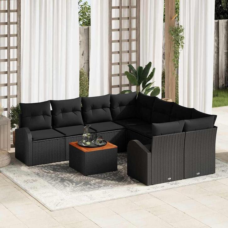 vidaXL Tuinbank Set 9 pcs Zwart Poly rattan, Tuin en Terras, Tuinsets en Loungesets, Nieuw, Verzenden