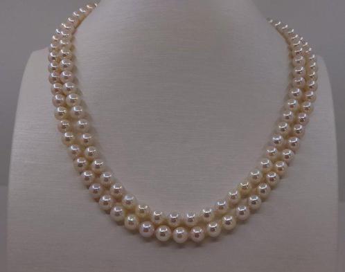Halsketting 6x6,5 mm dubbele Akoya-parel, Handtassen en Accessoires, Kettingen