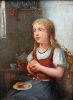 J.H. Otterbeek (XIX) - Portret van een jong meisje in rode, Antiek en Kunst