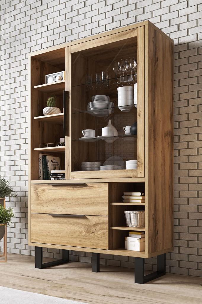 Vitrinekast Harlow - Eiken - Zwart - 120 cm - Open, Huis en Inrichting, Kasten | Vitrinekasten, 25 tot 50 cm, Nieuw, 100 tot 150 cm