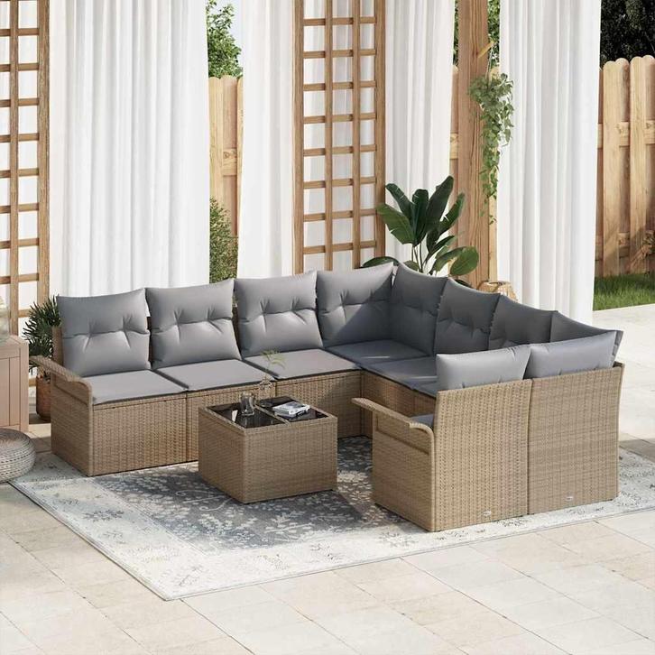 vidaXL Tuinbank Set 9 pcs Beige Poly rattan, Tuin en Terras, Tuinsets en Loungesets, Nieuw, Verzenden