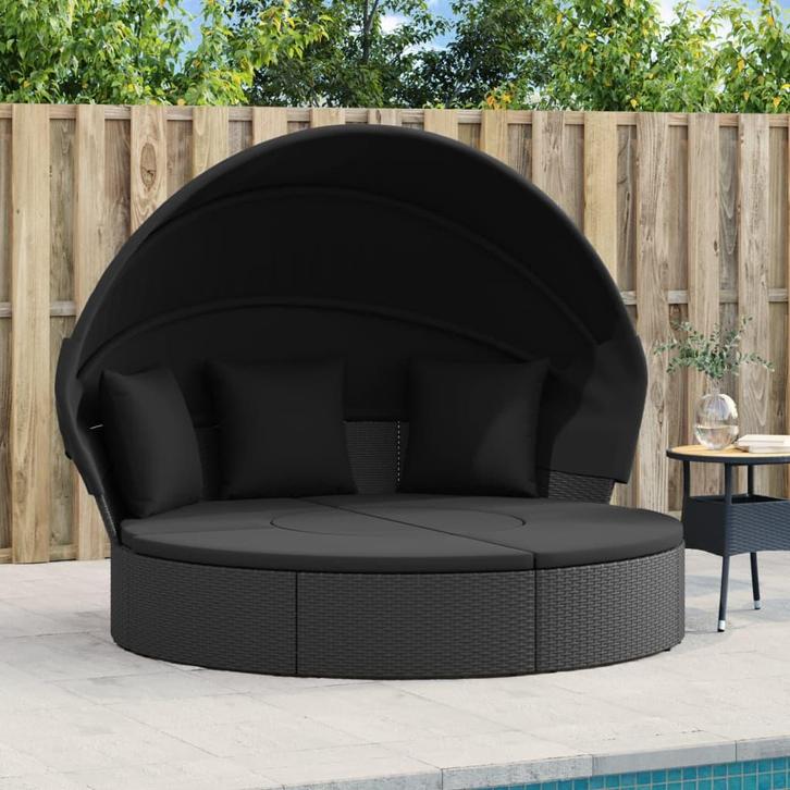 vidaXL Loungebed met luifel en kussens poly rattan zwart, Tuin en Terras, Ligbedden, Nieuw, Verzenden