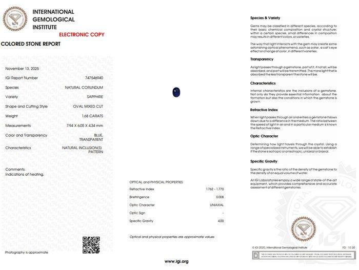 Zonder Minimumprijs - 1 pcs Blauw Saffier - 1.68 ct -, Handtassen en Accessoires, Edelstenen