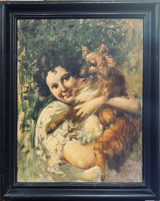 Italiaanse school (XX) - Volto di donna con cane, Antiek en Kunst, Kunst | Schilderijen | Klassiek