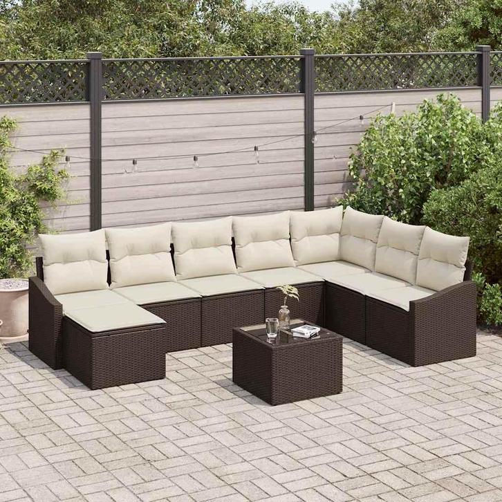 vidaXL Tuinbank Set met kussen 8 pcs Bruin en Crème poly, Tuin en Terras, Tuinsets en Loungesets, Nieuw, Verzenden