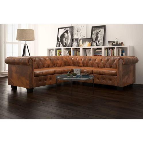 vidaXL Hoekbank 5-zits Chesterfield-stijl kunstleer bruin, Huis en Inrichting, Zetels | Zetels, Nieuw, Verzenden