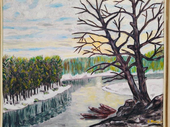 Europese school (XX) - Winter River Landscape with Boats, Antiquités & Art, Curiosités & Brocante