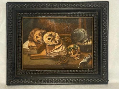 Scuola fiamminga (XIX) - Vanitas con teschi, libri, armatura, Antiek en Kunst, Kunst | Schilderijen | Klassiek