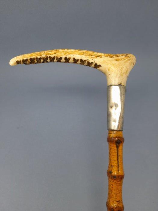 Staf - Hoorn, Bamboe, Leder, Metaal - Rijzweep, Antiek en Kunst, Curiosa en Brocante