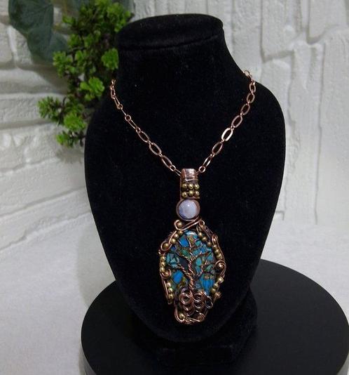 chrysocolla Handgemaakte met draad omhulde levensboom hanger, Verzamelen, Mineralen en Fossielen