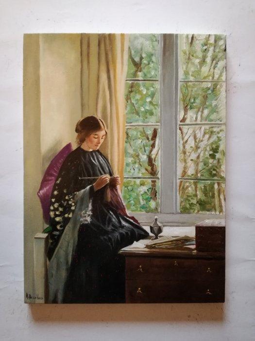 A. Della Valle (XX), da Carl Vilhelm - Il ricamo, Antiek en Kunst, Kunst | Schilderijen | Klassiek