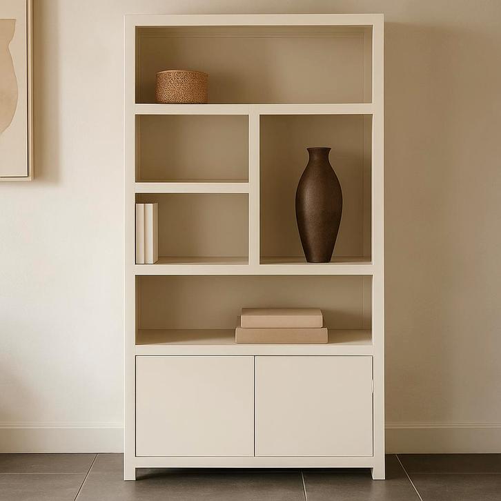 Wandkast Mangohout Evan 120 Crème (5 Open Vakken, 2 Deuren), Huis en Inrichting, Kasten | Overige, Nieuw, Verzenden