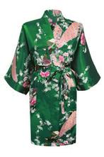 KIMU® Kimono Donker Groen Kort S-M Yukata Satijn Boven de Kn, Nieuw, Ophalen of Verzenden