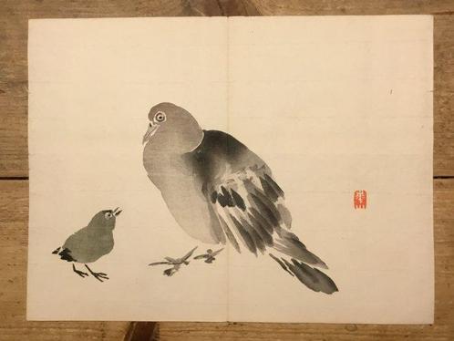 Japanse houtblok prent met afbeelding van een duif met, Antiek en Kunst, Antiek | Overige Antiek