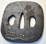 Zilveren messing-inleg met vliegende kraan, bootmotief en