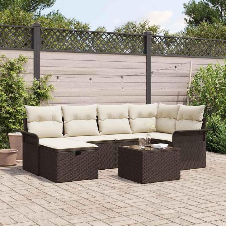 vidaXL Tuinbank Set met kussen met opslag 7 pcs Bruin Poly, Tuin en Terras, Tuinsets en Loungesets, Nieuw, Verzenden