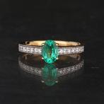 Ring - 14 karaat Geel goud - 0.92ct. tw. Smaragd - Diamant -