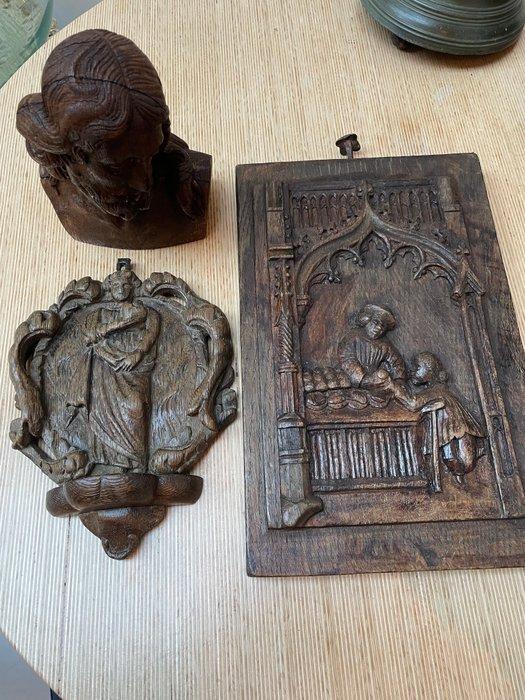 Figuur - Set van 3 antieke houten religieuze houtsnijwerken, Antiek en Kunst, Kunst | Niet-Westerse kunst