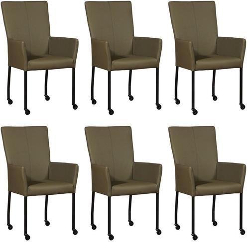 Set van 6 Olijfgroene leren moderne eetkamerstoelen - met, Huis en Inrichting, Stoelen, Overige kleuren, Vijf, Zes of meer stoelen