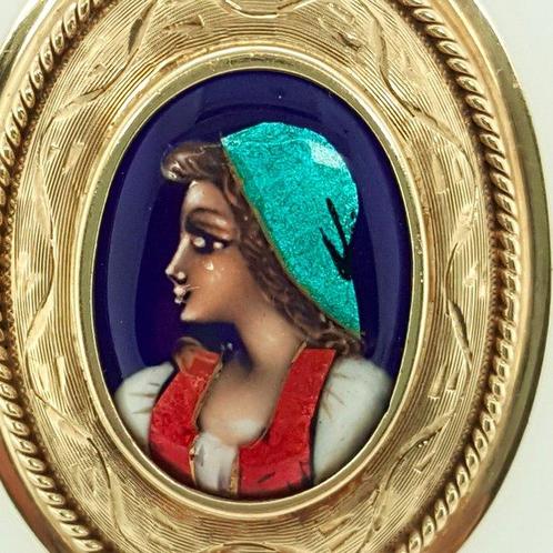 Pendentif - 14 carats Or jaune, Émail - Émail dart, Handtassen en Accessoires, Antieke sieraden