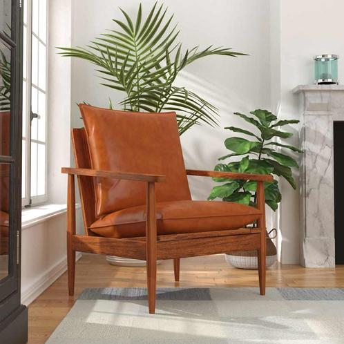 vidaXL Fauteuil echt leer met acaciahout bruin, Huis en Inrichting, Fauteuils, Nieuw, Verzenden