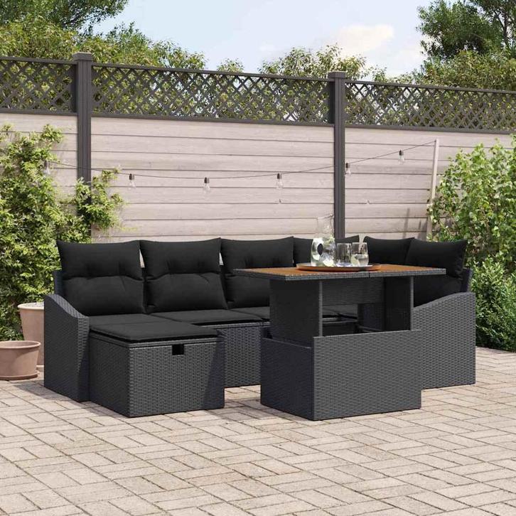 vidaXL Tuinbank Set 7 pcs Zwart poly rattan, Jardin & Terrasse, Ensembles de jardin, Envoi