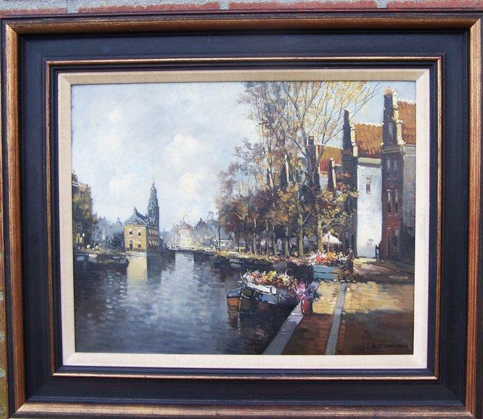 H. Noordam (1938) - Bloemenmarkt te Amsterdam, Antiek en Kunst, Kunst | Schilderijen | Klassiek