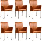 Set van 6 Cognac leren moderne eetkamerstoelen - Vintage, Ophalen of Verzenden