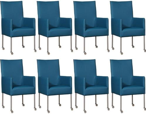 Set van 8 Blauwe leren moderne eetkamerstoelen - poot rond, Huis en Inrichting, Stoelen, Overige kleuren, Vijf, Zes of meer stoelen