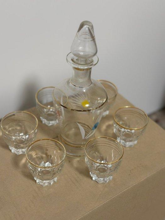 Drinkset (7) - Glas, gouden pierewaai - Set likeuren vintage, Antiek en Kunst, Curiosa en Brocante