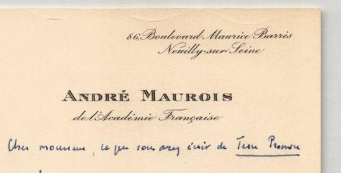 André Maurois - Carte lettre autographe signée à Thierry, Verzamelen, Film en Tv