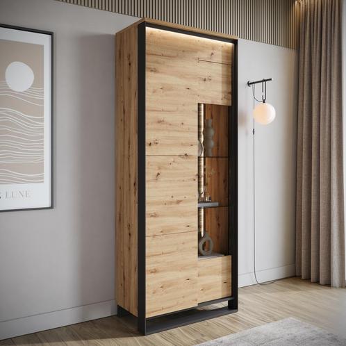 Meubella vitrinekast Quincy eiken 76 cm - Met LED, Huis en Inrichting, Kasten | Vitrinekasten, 25 tot 50 cm, Nieuw, 50 tot 100 cm