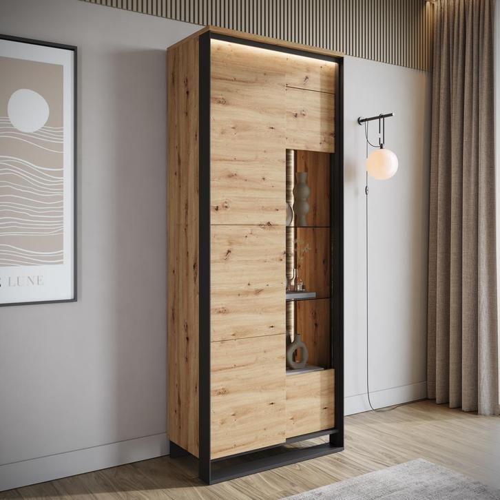 Meubella vitrinekast Quincy eiken 76 cm - Met LED, Huis en Inrichting, Kasten | Vitrinekasten, 25 tot 50 cm, Nieuw, 50 tot 100 cm