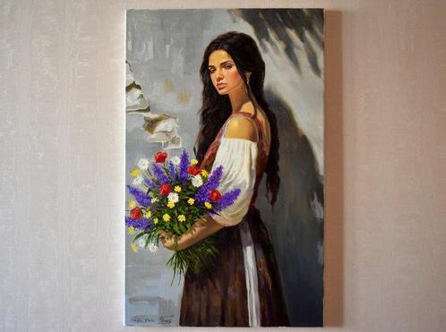 Serghei Ghetiu - A portrait with wildflowers, Antiek en Kunst, Kunst | Schilderijen | Modern