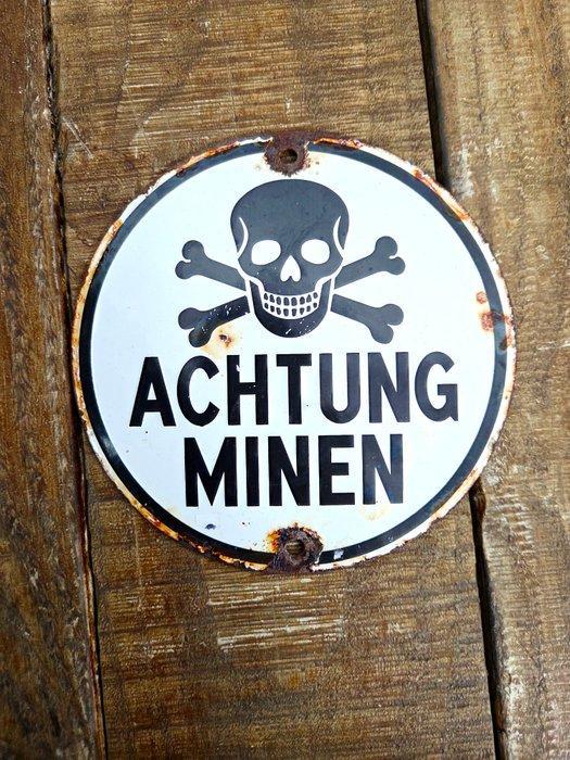 Emaille bord - Pas op mijnen! - Emaille, Antiek en Kunst, Antiek | Wandborden en Tegels