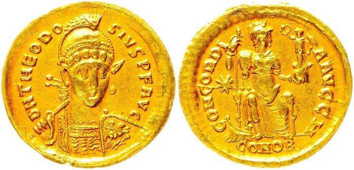 Byzantijnse Rijk. Theodosius II (402-450 n.Chr.). Solidus, Postzegels en Munten, Munten | Europa | Niet-Euromunten