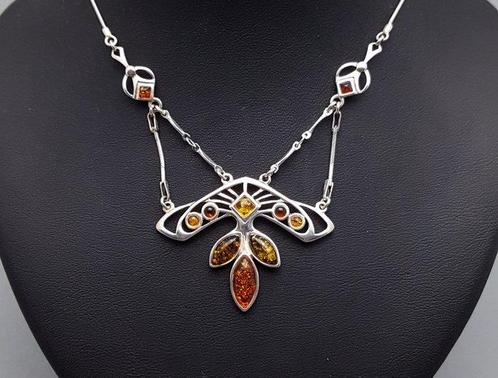 Zilver, Art Nouveau, Amber - Halsketting, Antiek en Kunst, Kunst | Designobjecten