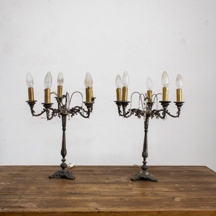 Tafellamp - kandelaar - Glas, Hout, Legering - 5 hanglampen, Antiek en Kunst, Curiosa en Brocante