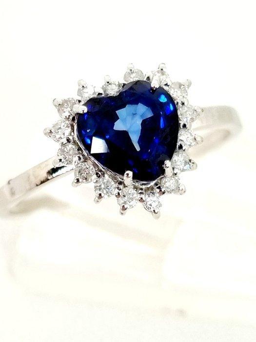 Ring - 18 karaat Witgoud Saffier - Diamant, Handtassen en Accessoires, Ringen