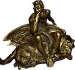 sculptuur, Demone pensieroso seduto su drago - 10 cm - Brons