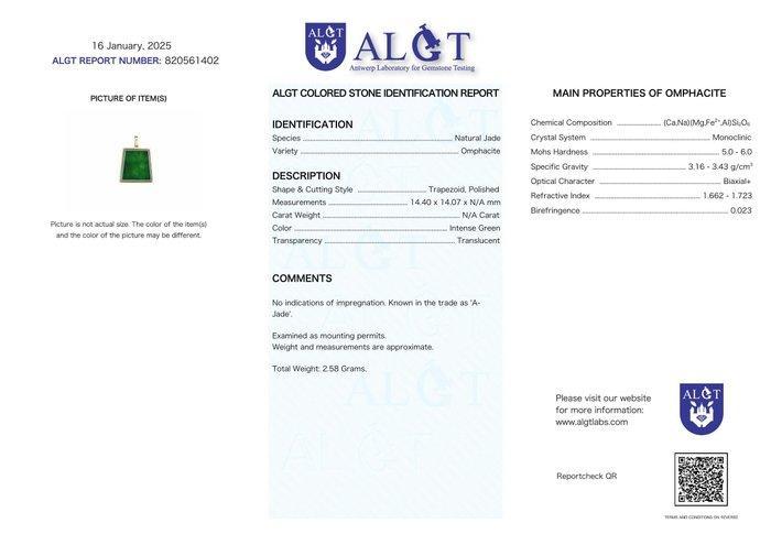 ALGT gecertificeerd - onbehandelde jadehanger (Type A) - Een, Verzamelen, Mineralen en Fossielen