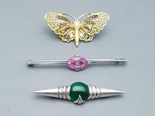 Zilver, 3 x Art Deco broches - 3-delige sieradenset - o.a., Antiek en Kunst, Kunst | Designobjecten