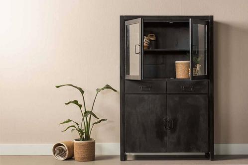 Vitrinekast Mangohout Kensi 115 Zwart, Huis en Inrichting, Kasten | Vitrinekasten, Nieuw, Verzenden
