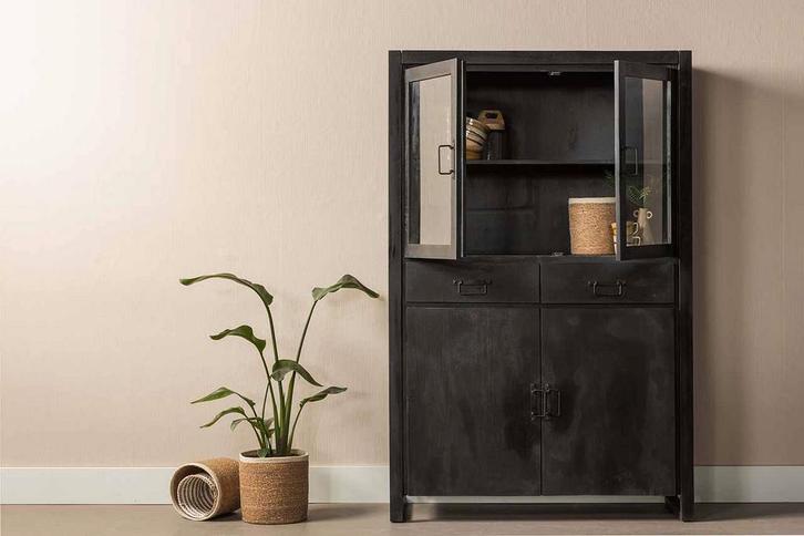 Vitrinekast Mangohout Kensi 115 Zwart, Huis en Inrichting, Kasten | Vitrinekasten, Nieuw, Verzenden