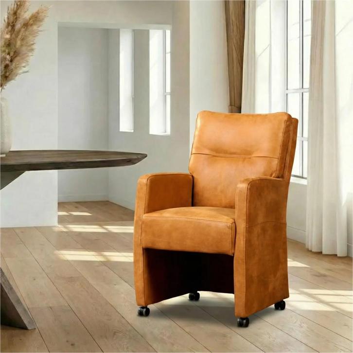 Leren eetkamerstoel Sharp - Kenia Cognac (cognac) - Met, Huis en Inrichting, Stoelen, Bruin, Nieuw, Leer, Ophalen of Verzenden