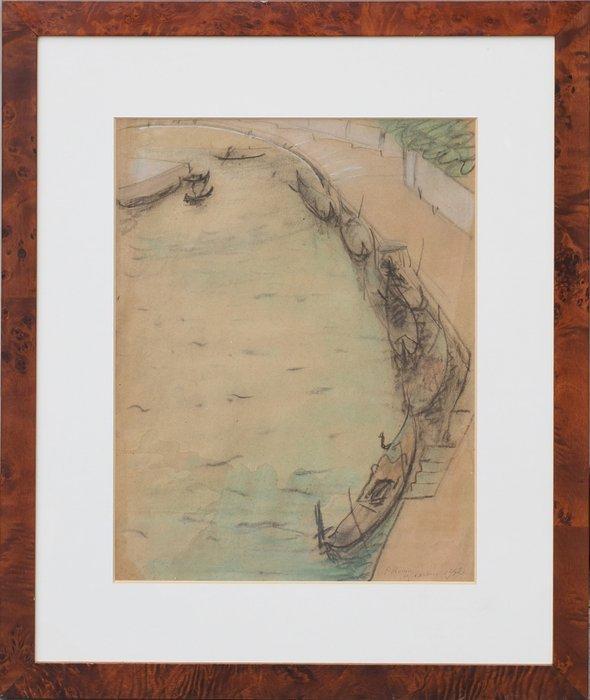 Mario Carraro (1896-1978 - Gondole a Piazzale Roma a Venezia, Antiek en Kunst, Kunst | Schilderijen | Klassiek