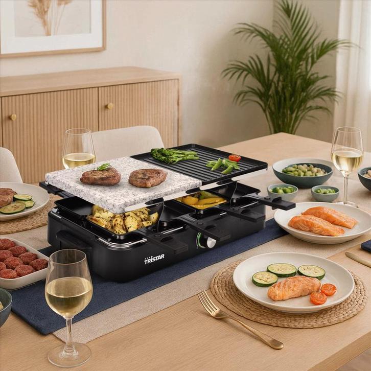 Tristar raclette- en gourmetset met steengrill - 1200 - 1400, Maison & Meubles, Cuisine | Casseroles & Poêles, Envoi