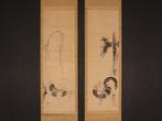 Very fine sumi-e diptych Rooster and chickens, signed -